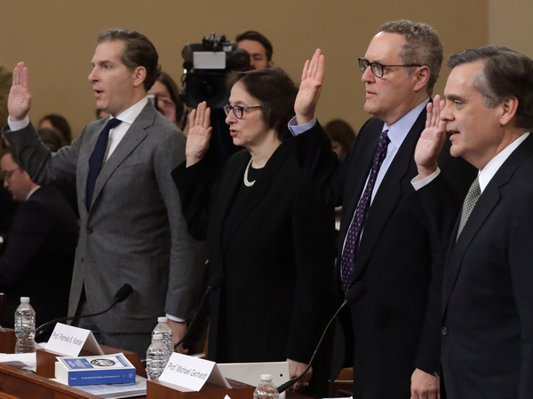 Constitutional scholars (L-R) Noah Feldman of Harvard University, Pamela Karlan of Stanford University, Michael Gerhardt of the University of North Carolina, and Jonathan Turley of George Washington University are sworn in prior to testifying before the House Judiciary Committee in the Longworth House Office Building on Capitol Hill December 4, 2019 in Washington, D.C.